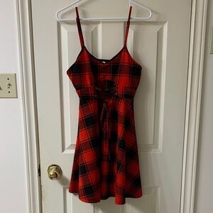 Dressfo, US M, Red & Black Plaid Camisole Strap Fit & Flare Front Lace Up Dress